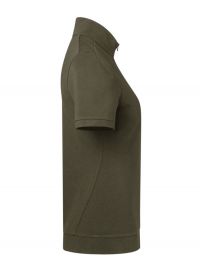 Olivgrünes Damen Zip-Shirt aus Piqué mit figurbetonter Passform, kurzem Reißverschluss und elastischem Bund an Saum und Ärmeln.
